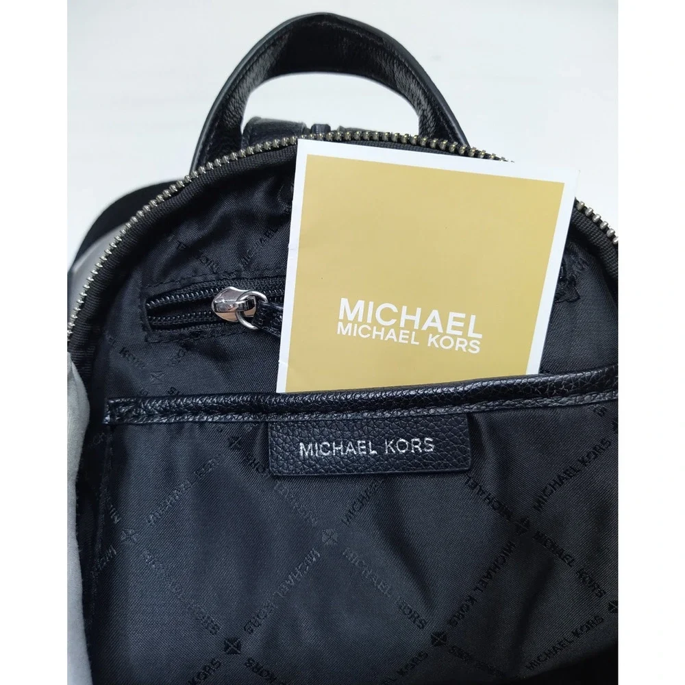 Michael Kors Black Leather MK Printed Zipper Closure Top Handles Backpack